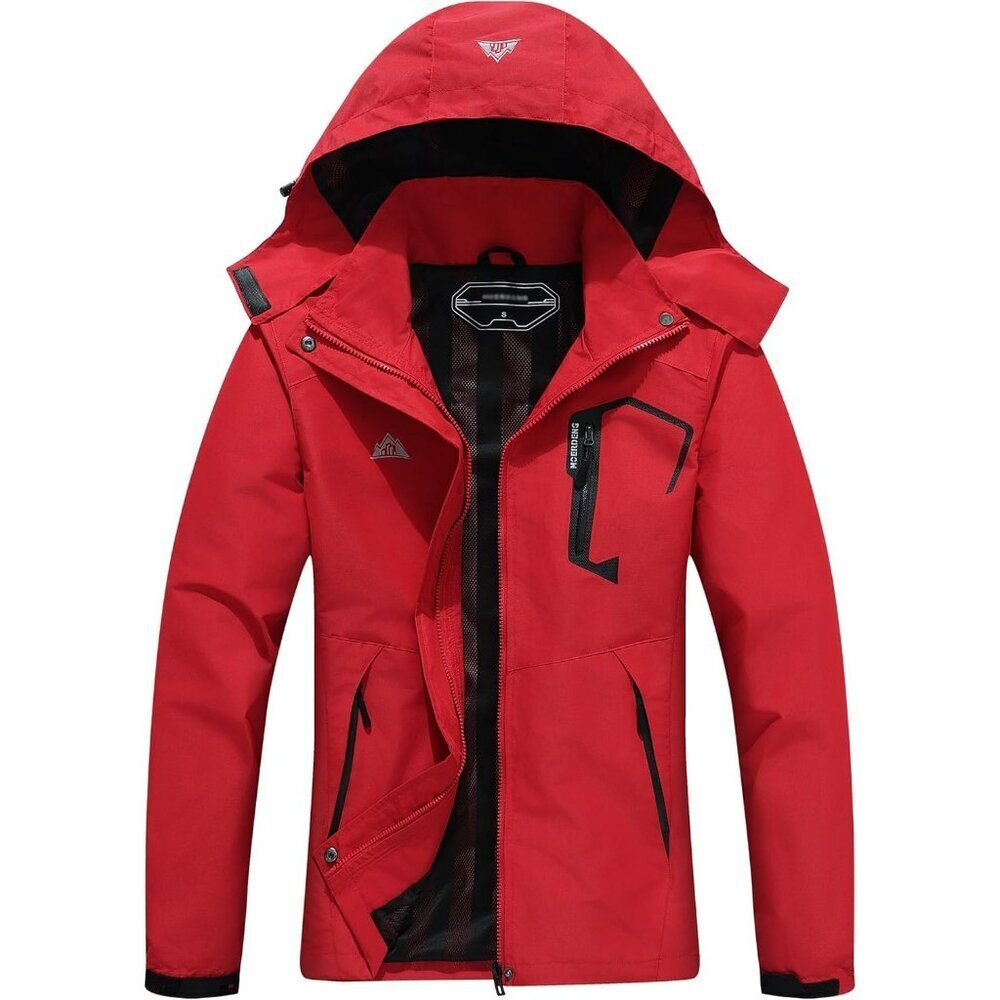 Women's Rose Red Waterproof Lightweight Rain Jacket Windproof Trench Coat Hood